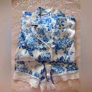 Floral Blue and White Satin Women's Pajama Set